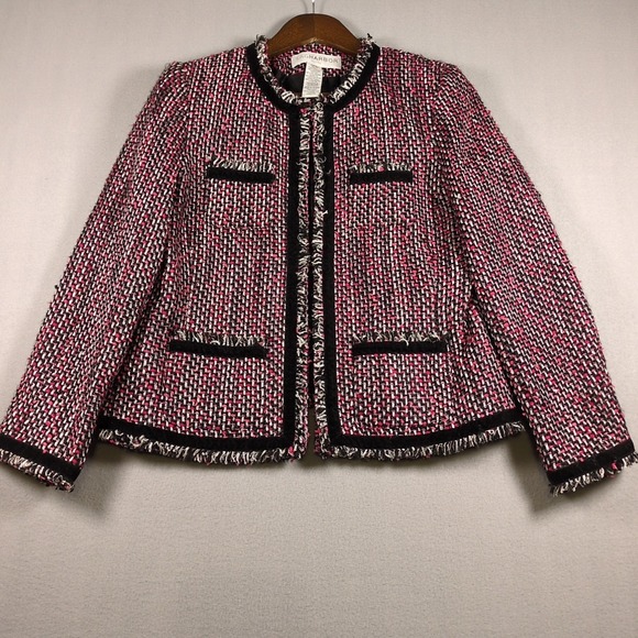 Sag Harbor Jackets & Blazers - Sag Harbor Womens SZ 8 PETITE Pink White Black Tweed Blazer Fringe Hook & Eye